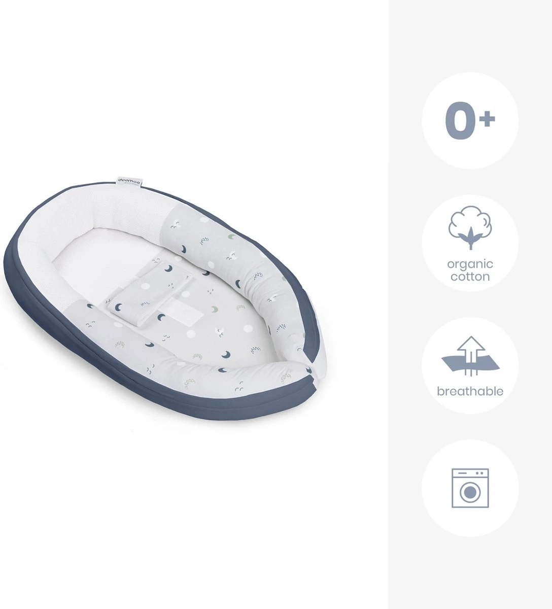 Doomoo Cocoon - Babynestje - Organisch Katoen - 74 X 46 Cm - Blue Grey Moon - Afbeelding 2