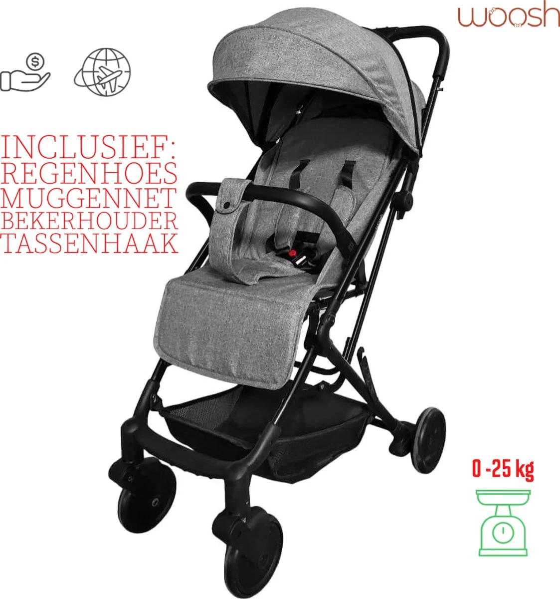 WOOSH New Buggy - Antraciet - One Hand Folding - 3 Slaapstanden - Wandelwagen Tot 25 Kg - Gratis Extra's - Afbeelding 2