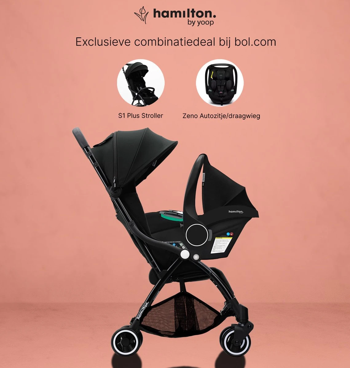 Hamilton By Yoop S1 Plus Buggy Met Monteerbare Zeno Plus Draagwieg - Nieuw En Hoger 2023 Model - Premium Budget Stroller Met One Hand Folding Technologie – Zwart - Licht, Verstelbaar, Wendbaar En Geschikt Van 0 Maanden Tot 4 Jaar – Inclusief Adapter - Afbeelding 2