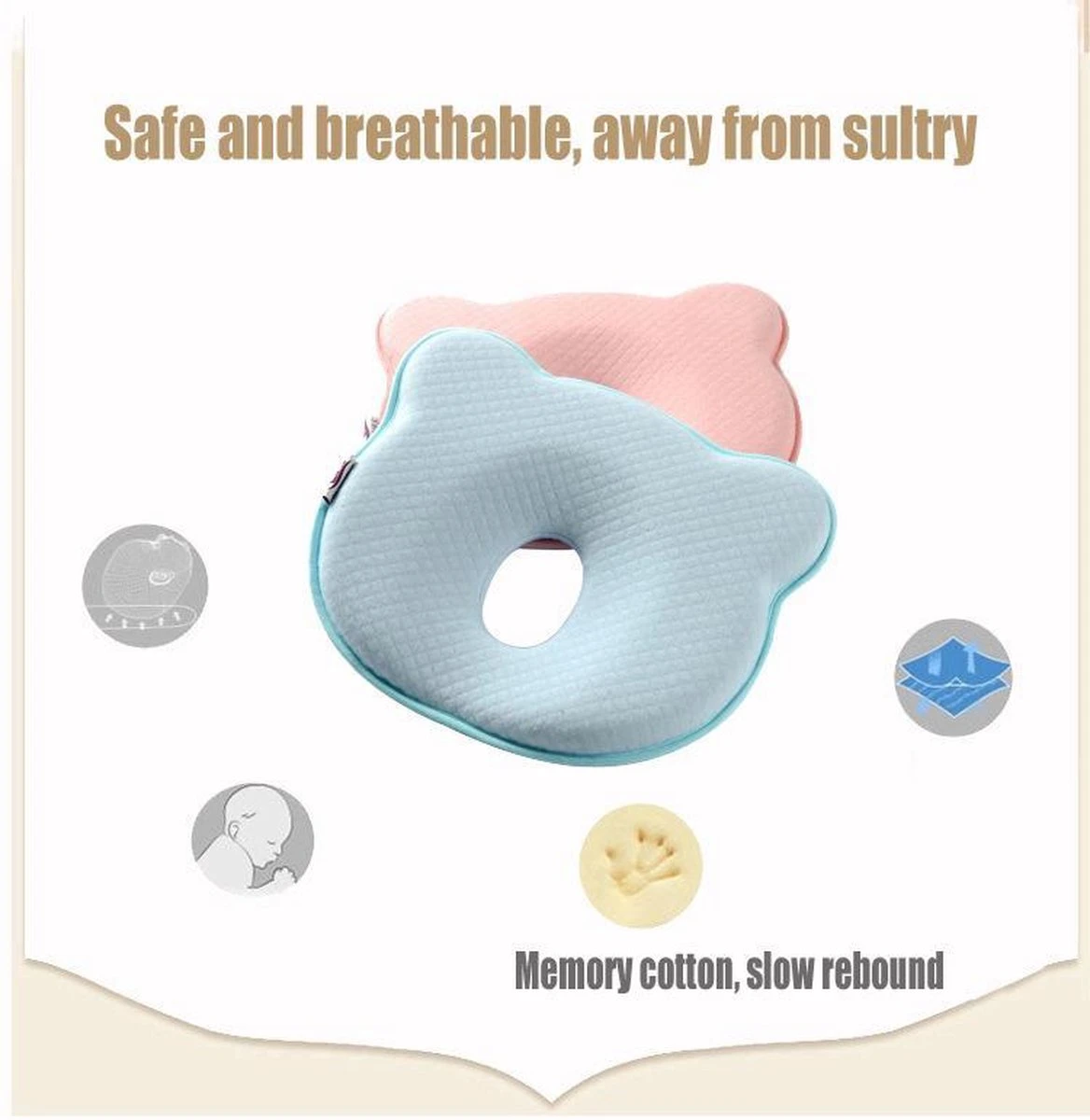 MINIIYOU® Orthopedisch Baby Hoofdkussen - Blauw - Plat Hoofd - Katoen - Traagschuim Vulling - Afbeelding 3