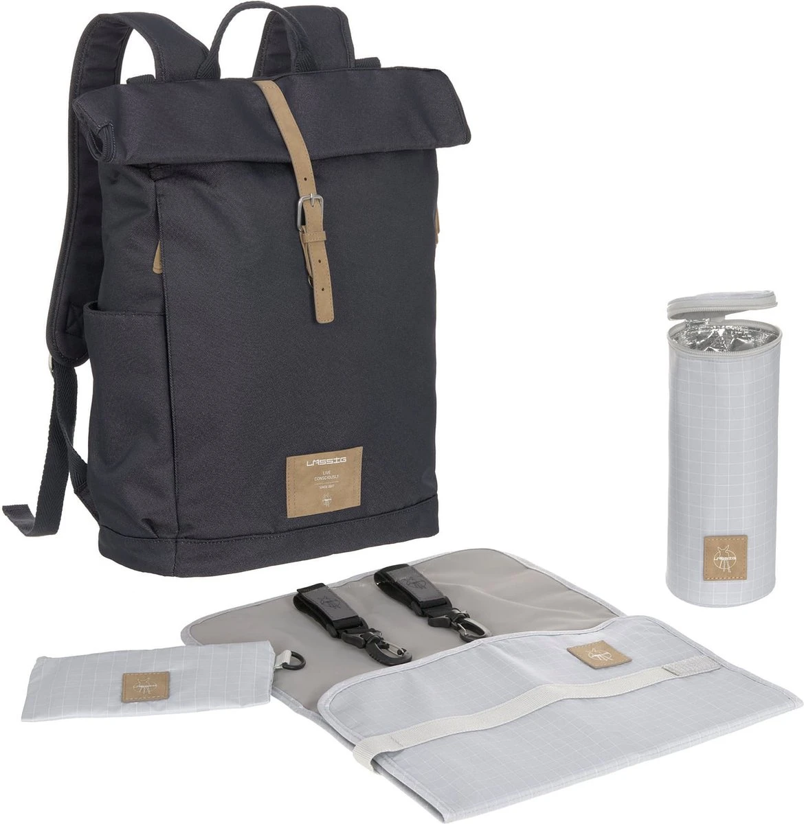 LÄSSIG Luiertas Rolltop Backpack Rugzak Incl Verschoningsmatje Denim Blauw Limited Edition - Afbeelding 5