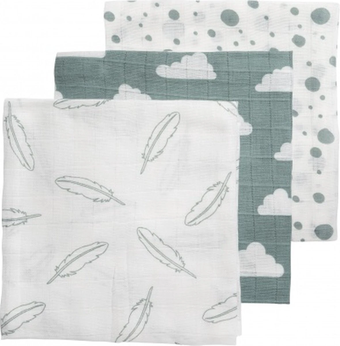 Meyco Clouds/Dots/Feathers Hydrofiele Doeken - 3-pack - Stone Green - 70x70cm - Afbeelding 3