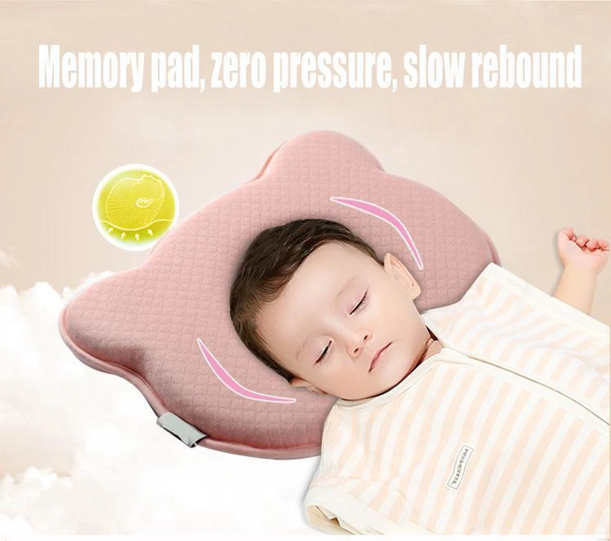 MINIIYOU® Orthopedisch Baby Hoofdkussen Roze - Plat Hoofd - Katoen - Traagschuim Vulling - Afbeelding 5