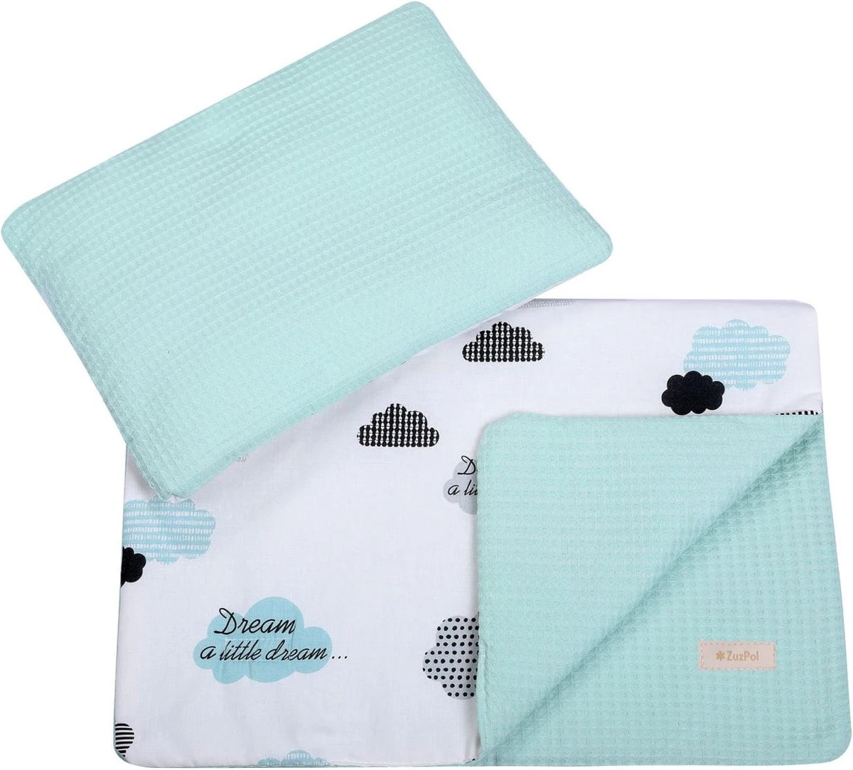 LUXE Babynestje 4 Delige SET / Kraamcadeau / GRATIS Wiegdeken Met Kussen / Wolken Mint - Afbeelding 2