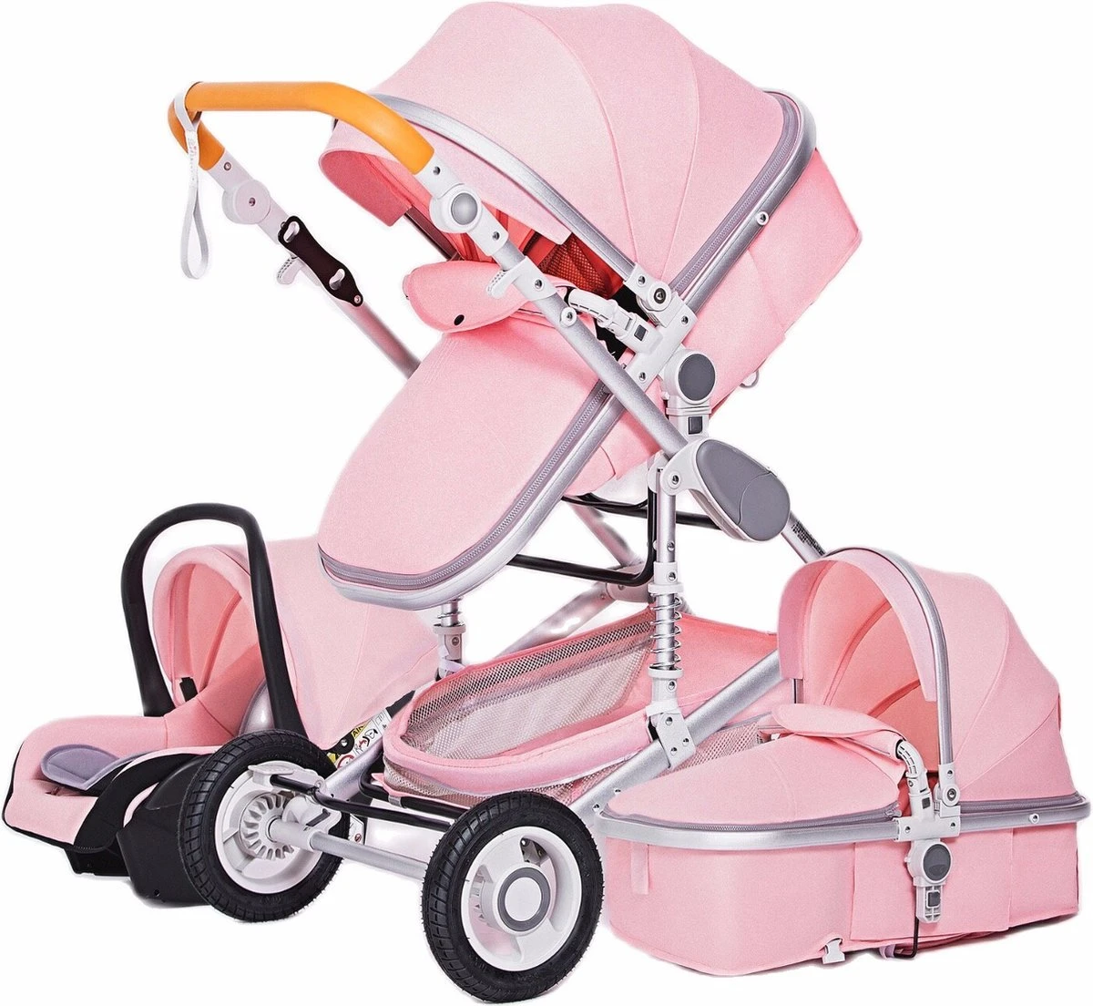 Merkloos Luxe 3-in-1 Kinderwagen - Wandelwagen - Autostoeltje - Buggy - Inklapbaar - Roze - 0-36 Maanden