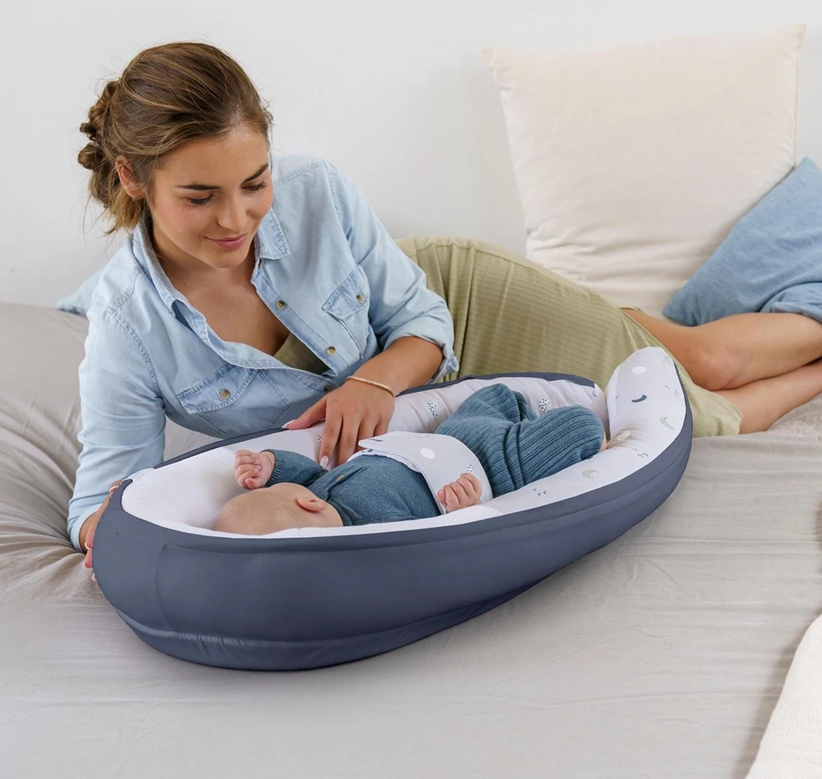 Doomoo Cocoon - Babynestje - Organisch Katoen - 74 X 46 Cm - Blue Grey Moon - Afbeelding 3