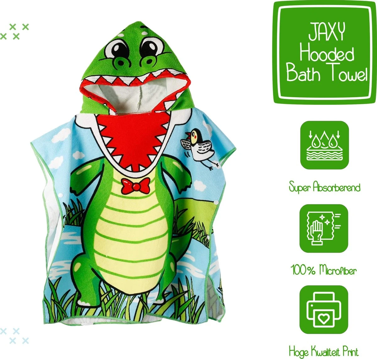 JAXY Badcape Baby - Badcape - Baby Badjas - Omslagdoek - Omslagdoek - Baby Handdoek Met Capuchon - Strandhanddoek - Badponcho - Poncho Handdoek - Microfiber - 60x90cm - Krokodil - Afbeelding 3