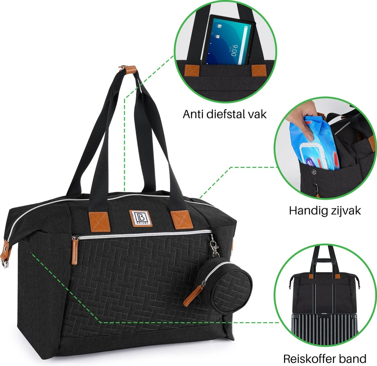 Brisby Slijtvaste Luiertas - Verzorgingstas Groot -Zwart - Inclusief Verschoonmatje - Isoleervakken - Fopspeen Houder - Makkelijk Te Bevestigen Aan De Kinderwagen - Afbeelding 11