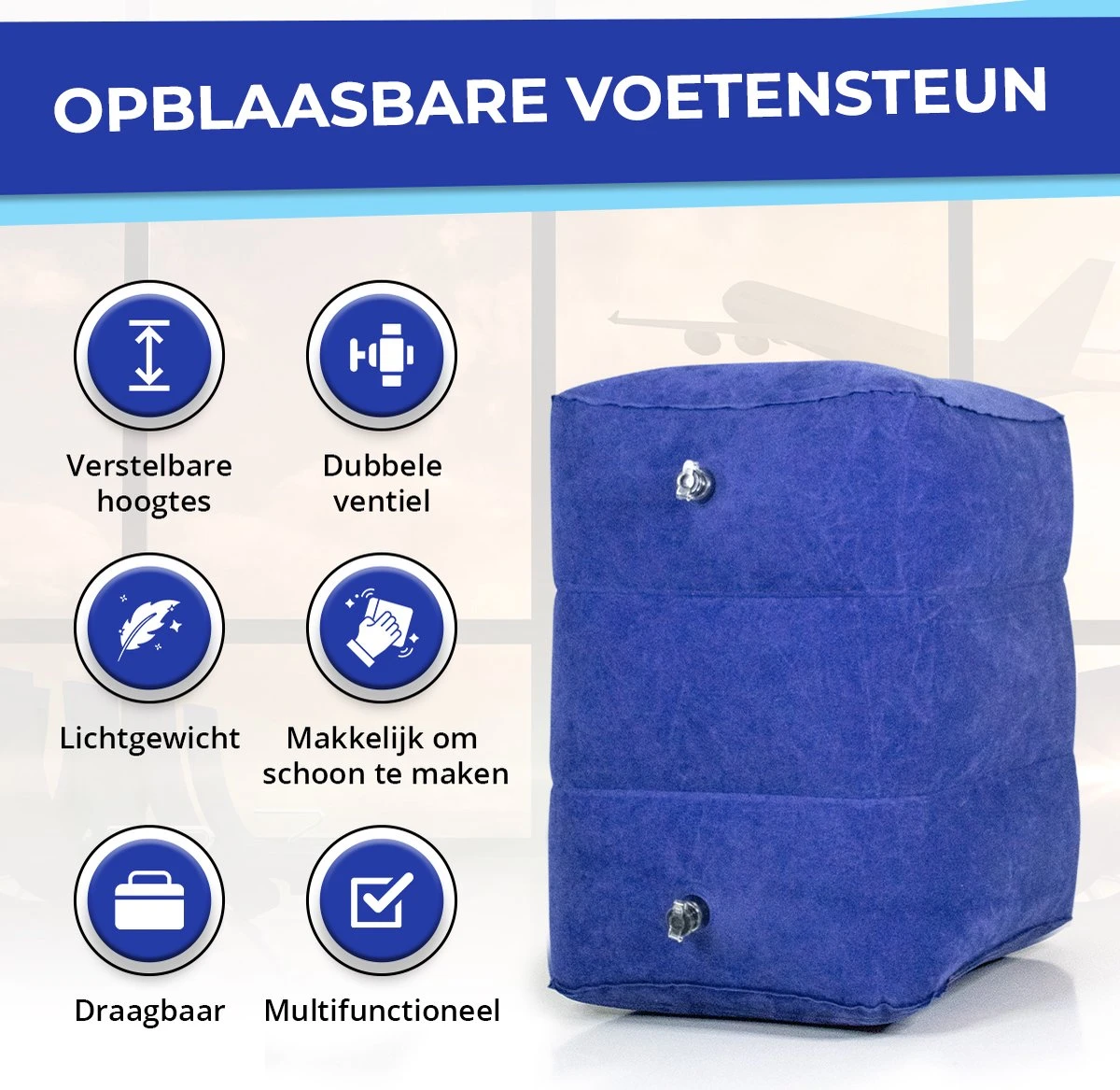 Merkloos Voetensteun - Vliegtuigbedje - Premium Quality - Reisbedje - 3 Hoogtestanden - Vliegtuig Kussen - Voetenbankje Of Poef - Met Opbergzakje & Pomp - Blauw - Afbeelding 6