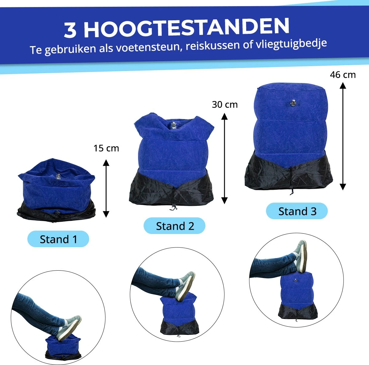 Merkloos Voetensteun - Vliegtuigbedje - Premium Quality - Reisbedje - 3 Hoogtestanden - Vliegtuig Kussen - Voetenbankje Of Poef - Met Opbergzakje & Pomp - Blauw - Afbeelding 3