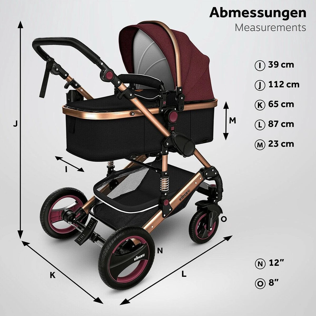 KIDUKU- 3 In 1 Combi-kinderwagen- Bordeaux- Zwart-goud- Buggy Incl. Autostoeltje-regenhoes- Inklapbaar - Afbeelding 3