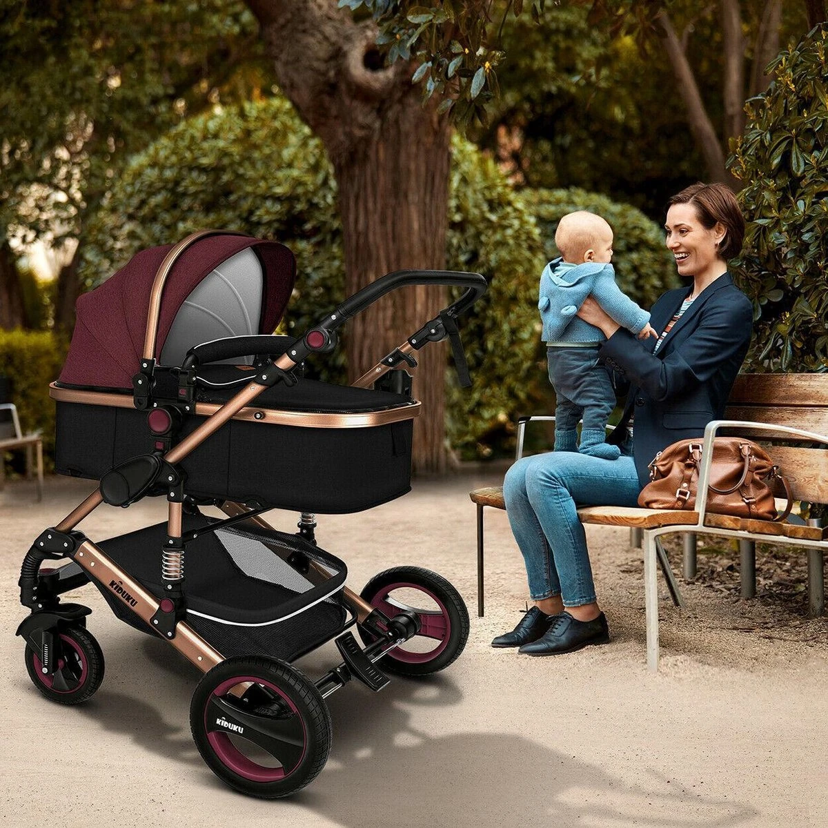 KIDUKU- 3 In 1 Combi-kinderwagen- Bordeaux- Zwart-goud- Buggy Incl. Autostoeltje-regenhoes- Inklapbaar - Afbeelding 5
