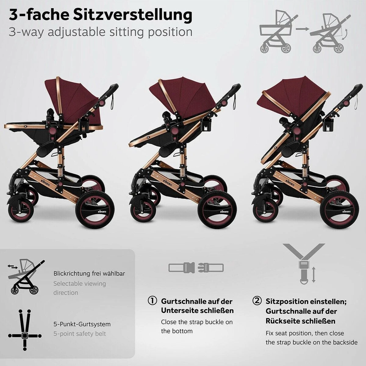 KIDUKU- 3 In 1 Combi-kinderwagen- Bordeaux- Zwart-goud- Buggy Incl. Autostoeltje-regenhoes- Inklapbaar - Afbeelding 8