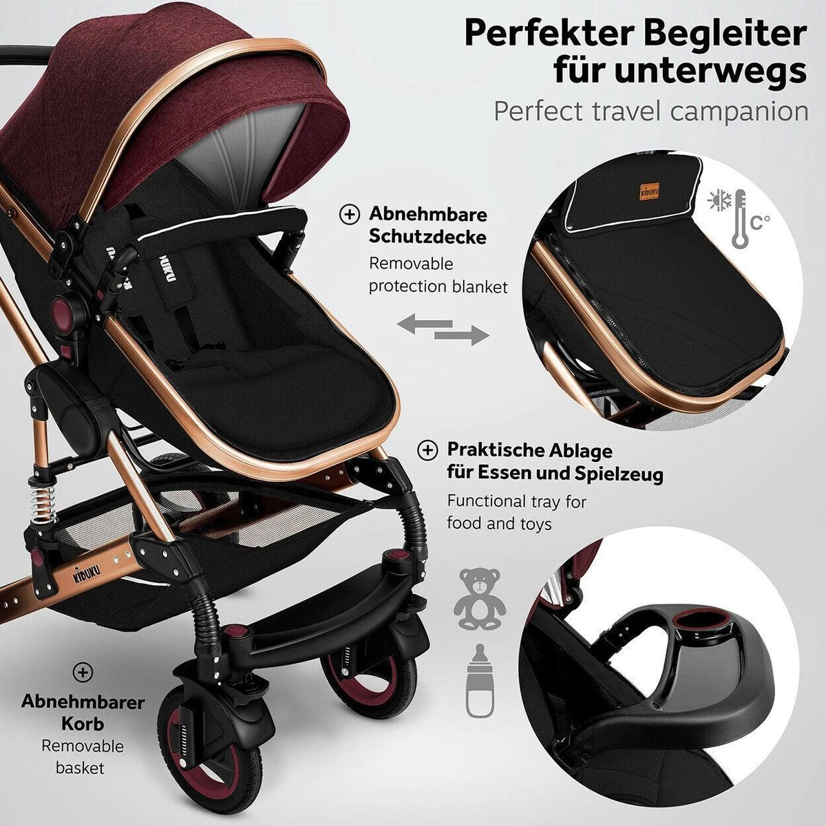 KIDUKU- 3 In 1 Combi-kinderwagen- Bordeaux- Zwart-goud- Buggy Incl. Autostoeltje-regenhoes- Inklapbaar - Afbeelding 9