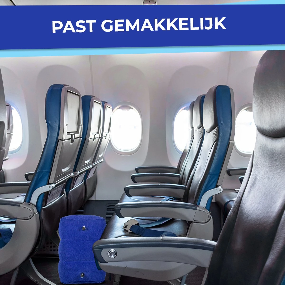 Merkloos Voetensteun - Vliegtuigbedje - Premium Quality - Reisbedje - 3 Hoogtestanden - Vliegtuig Kussen - Voetenbankje Of Poef - Met Opbergzakje & Pomp - Blauw - Afbeelding 2