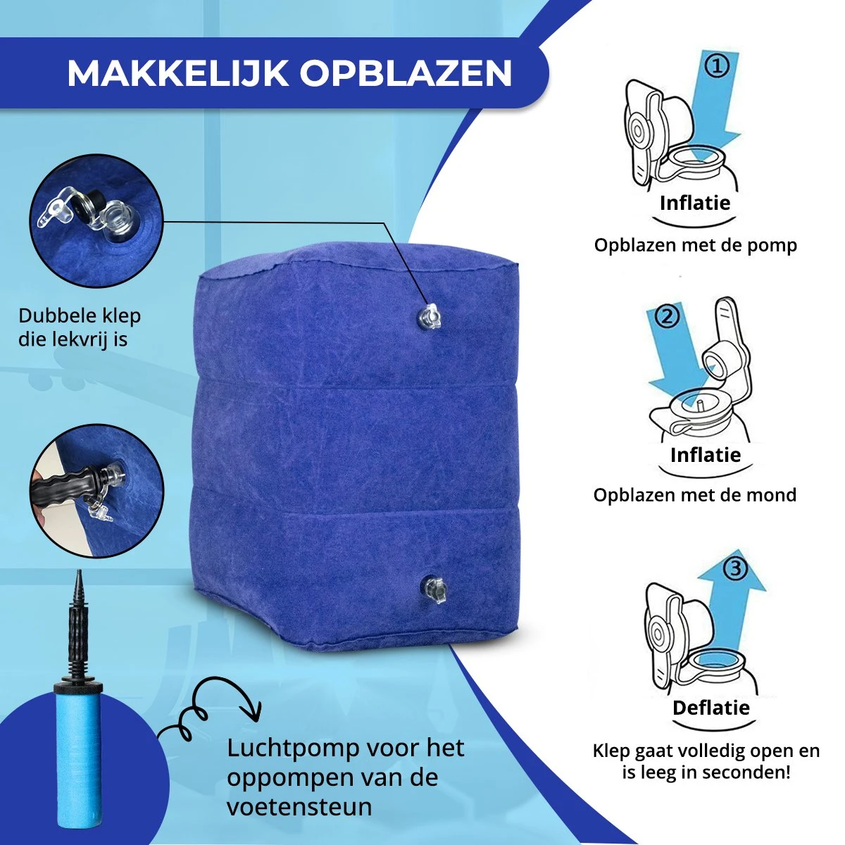 Merkloos Voetensteun - Vliegtuigbedje - Premium Quality - Reisbedje - 3 Hoogtestanden - Vliegtuig Kussen - Voetenbankje Of Poef - Met Opbergzakje & Pomp - Blauw - Afbeelding 7
