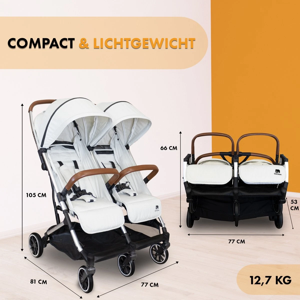 Deryan Luxe Rolo X2 Dubbele Buggy - Duo Buggy - Creme - Afbeelding 9