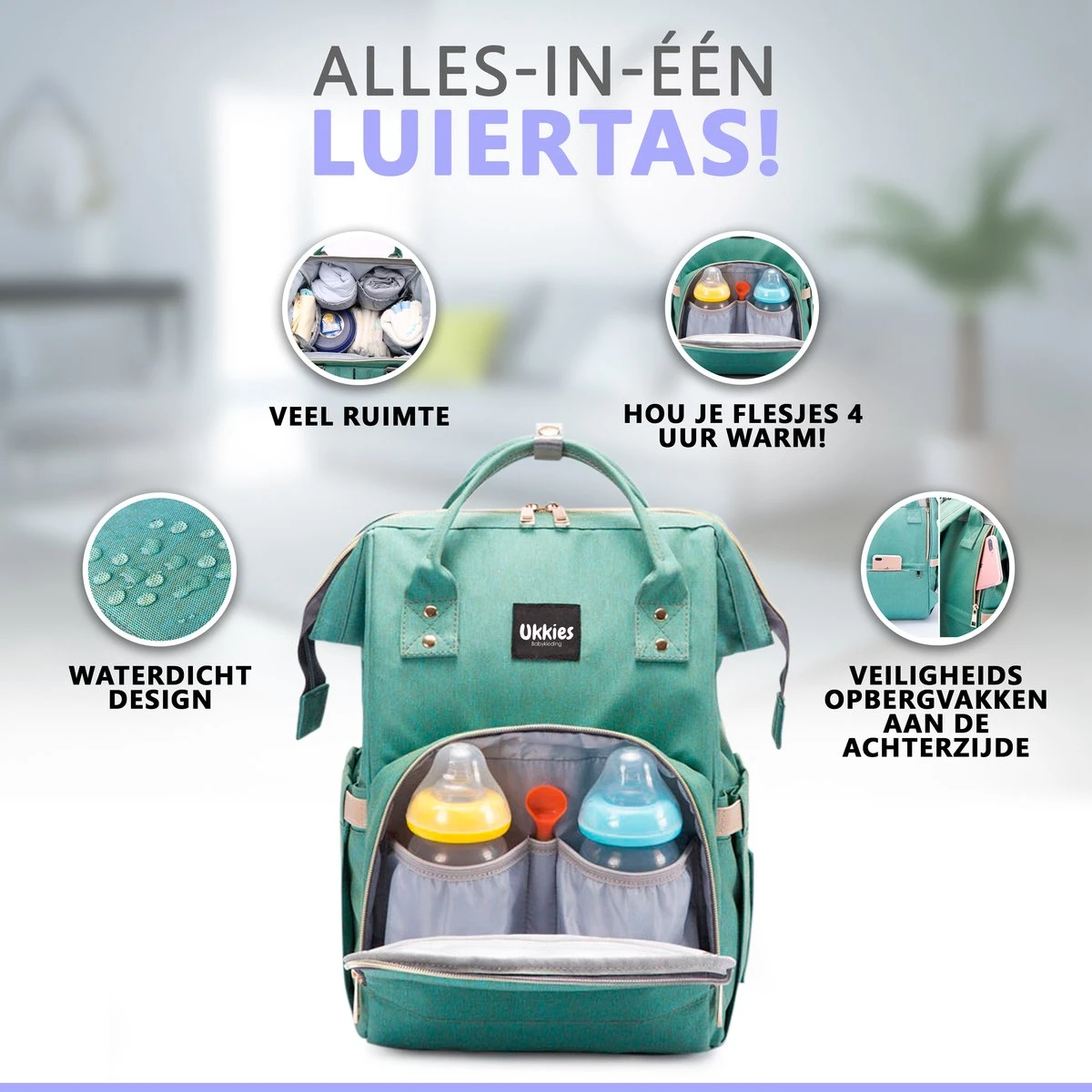 Luiertas Rugzak - Gratis Flessenwarmer En Gratis Kinderwagen Haken - Eindeloos Opbergruimte - Ruime Luiertas - Draaggemak - Mint-groen