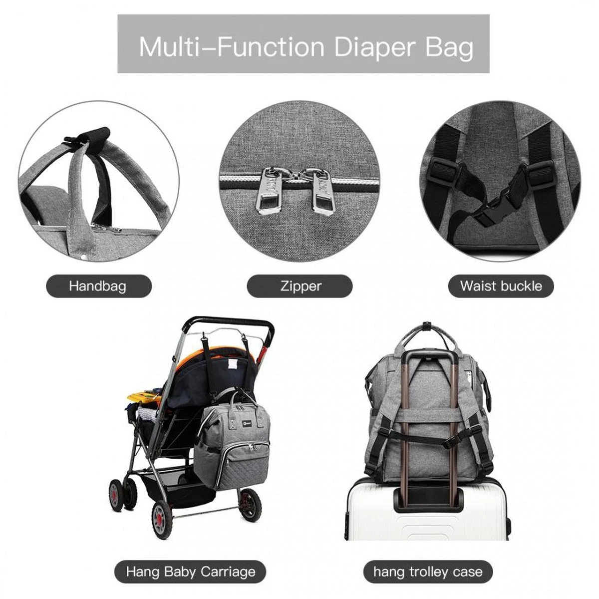 Miss Lulu Luiertas Rugzak - Luiertas Met USB Oplaadstation - Baby Tas Inclusief Buggy En Kinderwagen Haken - Grijs (E6705USB GY) - Afbeelding 4
