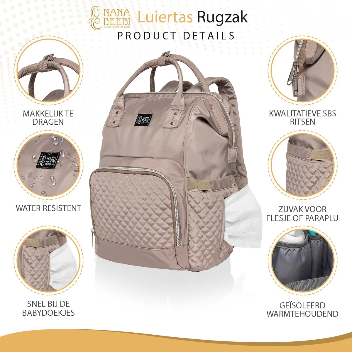 NanaBeebi Luiertas Rugzak Met Verschoonmatje - Beige Taupe - Inclusief Flessenwarmhouder - Kinderwagenhaken En Isoleervak - Afbeelding 2