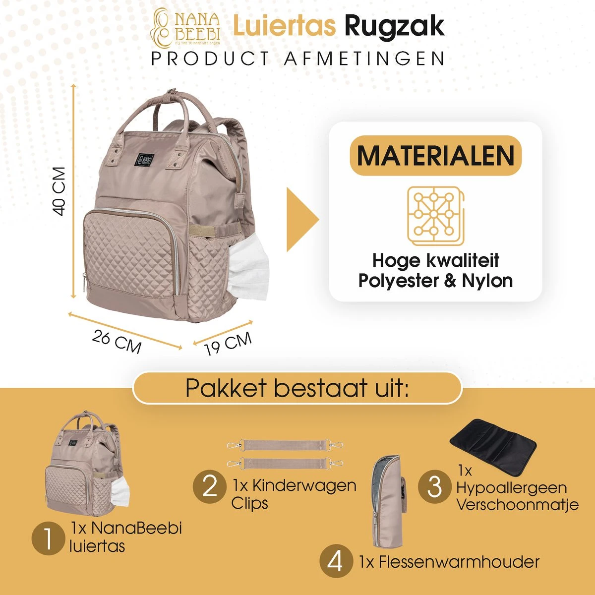 NanaBeebi Luiertas Rugzak Met Verschoonmatje - Beige Taupe - Inclusief Flessenwarmhouder - Kinderwagenhaken En Isoleervak - Afbeelding 4