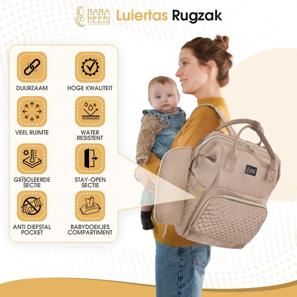 NanaBeebi Luiertas Rugzak Met Verschoonmatje - Beige Taupe - Inclusief Flessenwarmhouder - Kinderwagenhaken En Isoleervak - Afbeelding 8