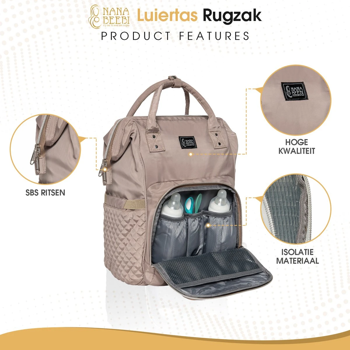 NanaBeebi Luiertas Rugzak Met Verschoonmatje - Beige Taupe - Inclusief Flessenwarmhouder - Kinderwagenhaken En Isoleervak - Afbeelding 9