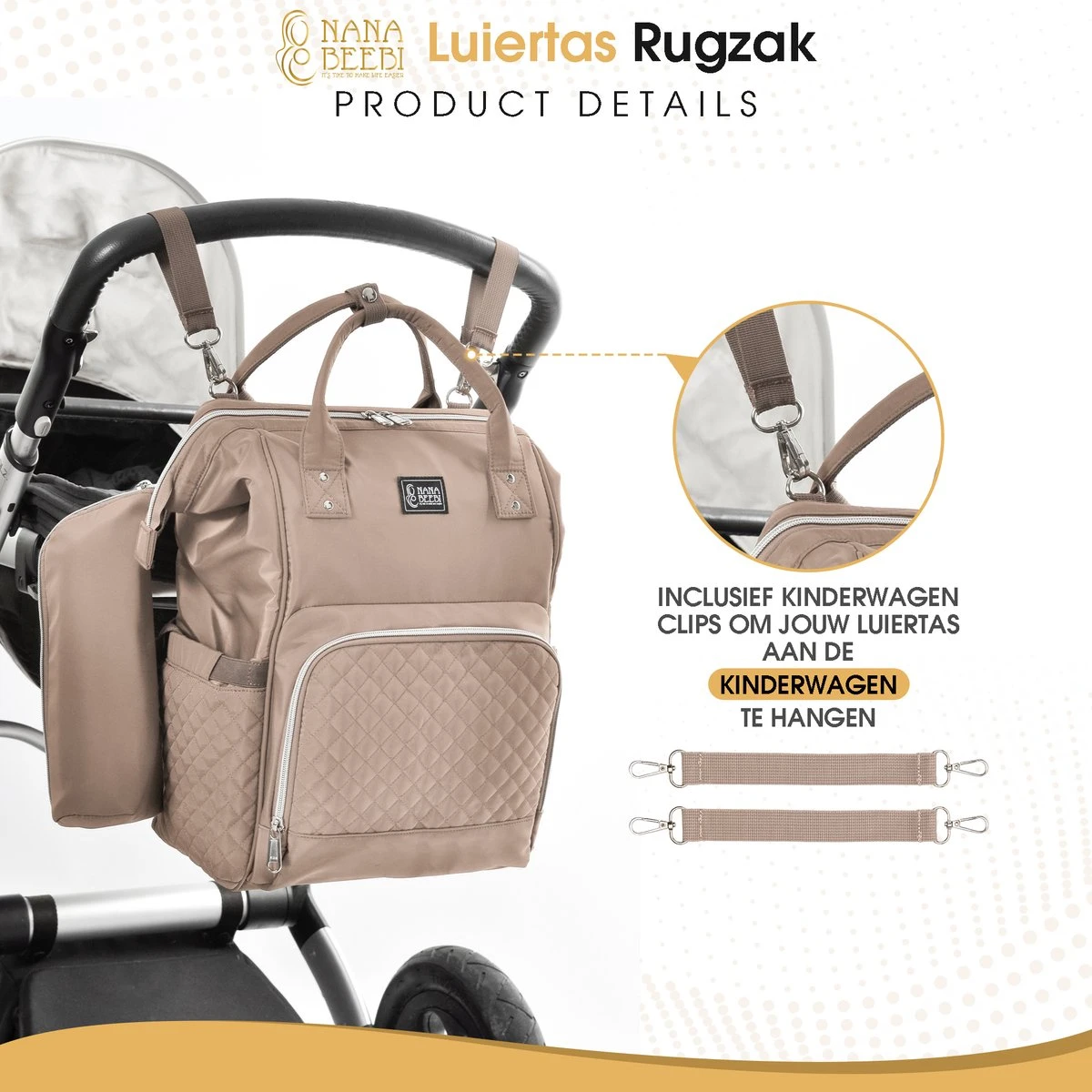 NanaBeebi Luiertas Rugzak Met Verschoonmatje - Beige Taupe - Inclusief Flessenwarmhouder - Kinderwagenhaken En Isoleervak - Afbeelding 10