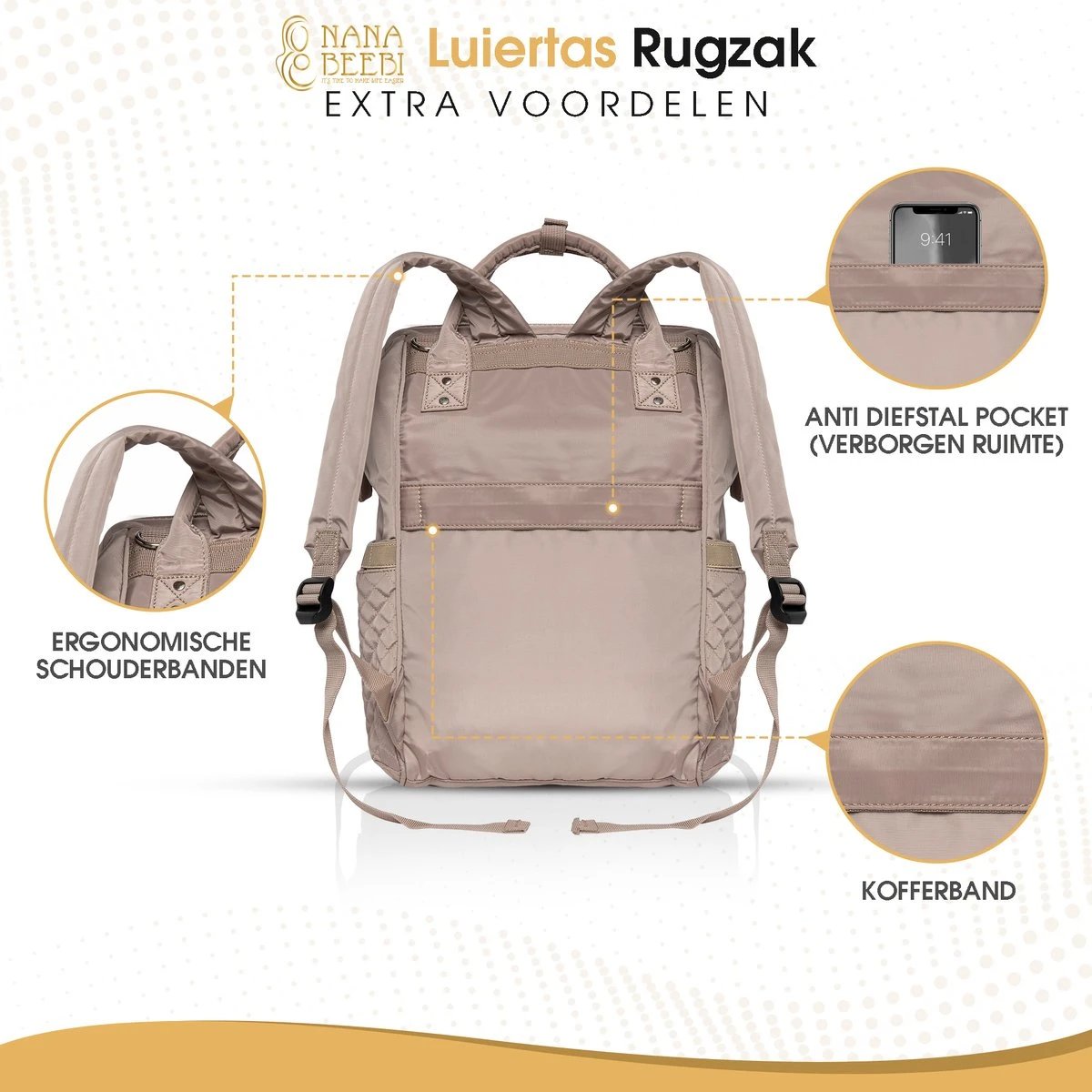 NanaBeebi Luiertas Rugzak Met Verschoonmatje - Beige Taupe - Inclusief Flessenwarmhouder - Kinderwagenhaken En Isoleervak - Afbeelding 12