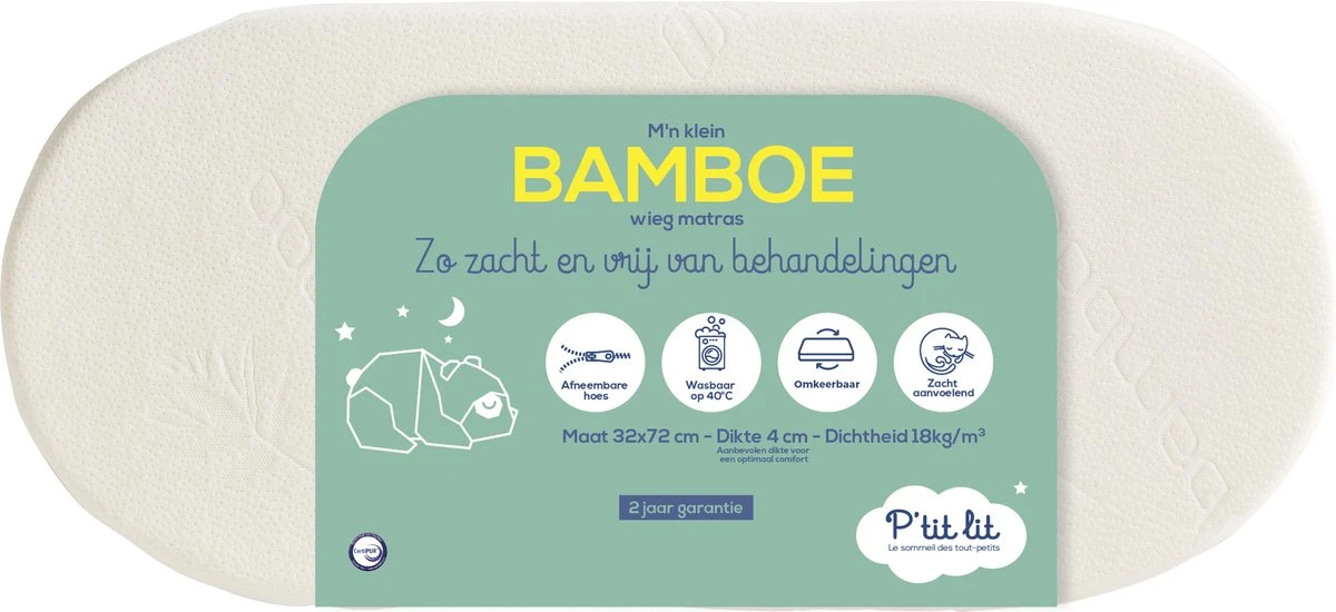 Bamboe Ovaal Matras - 72x32 Cm - Zacht Aanvoelend - Ideaal : Mozesmand, Kinderwagen En Wieg - Omkeerbaar - Afritsbare Hoes - EU-product