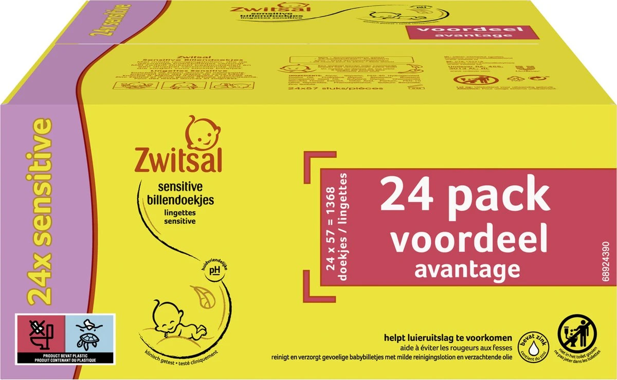 Zwitsal Baby Sensitive Billendoekjes Alcoholvrij - 1368 Doekjes - Voordeelverpakking - Afbeelding 2