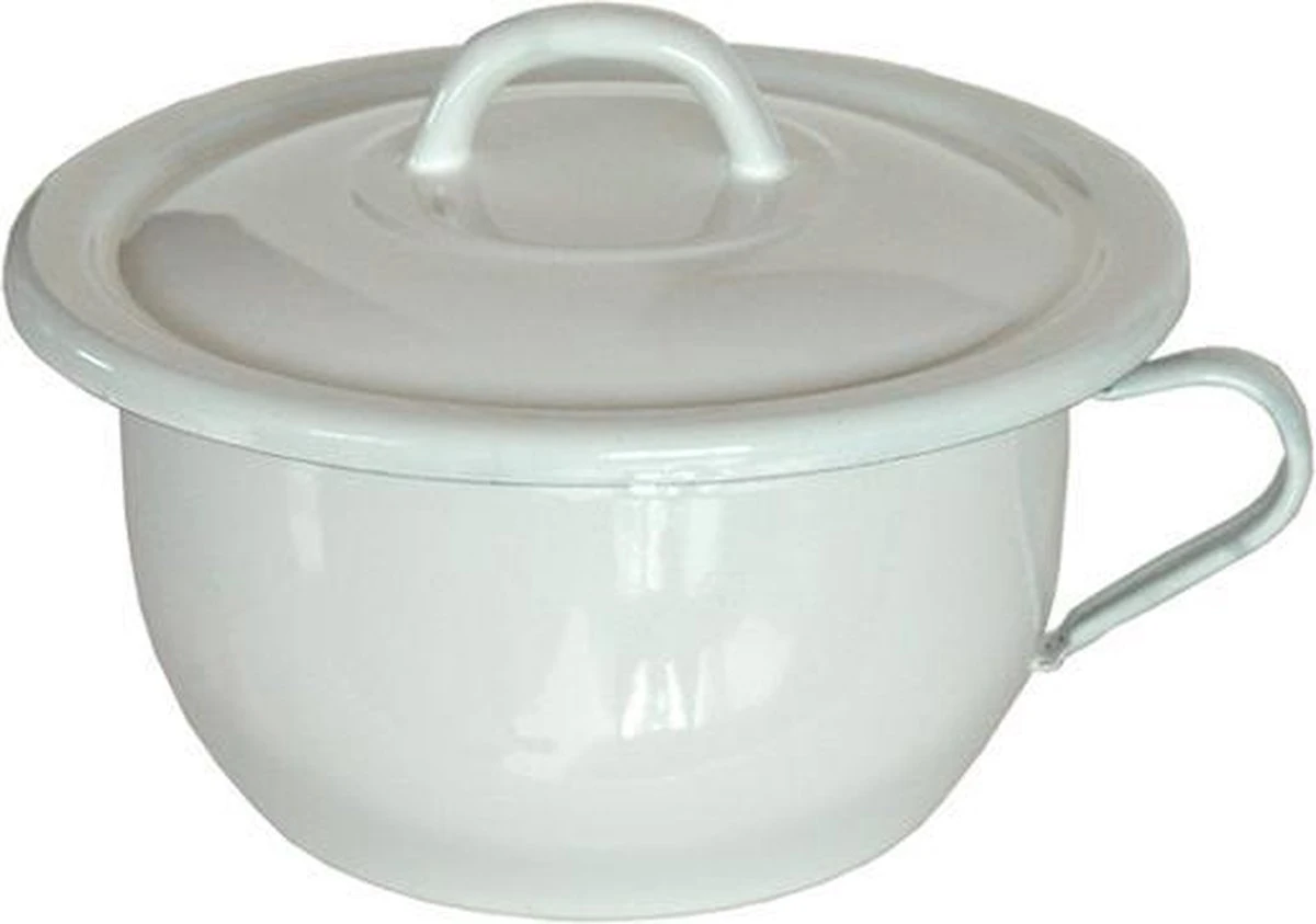 Emaille Ouderwets Plaspotje Met Deksel - Wit