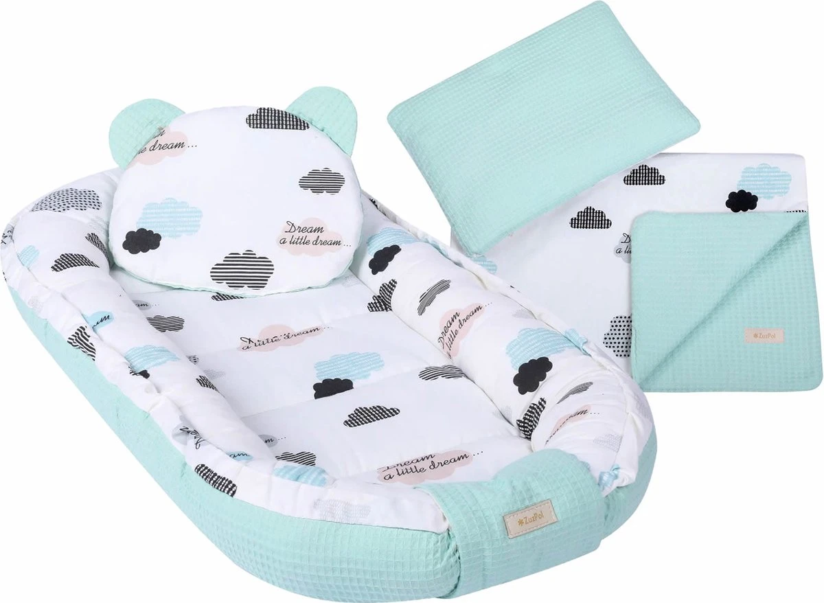 LUXE Babynestje 4 Delige SET / Kraamcadeau / GRATIS Wiegdeken Met Kussen / Wolken Mint
