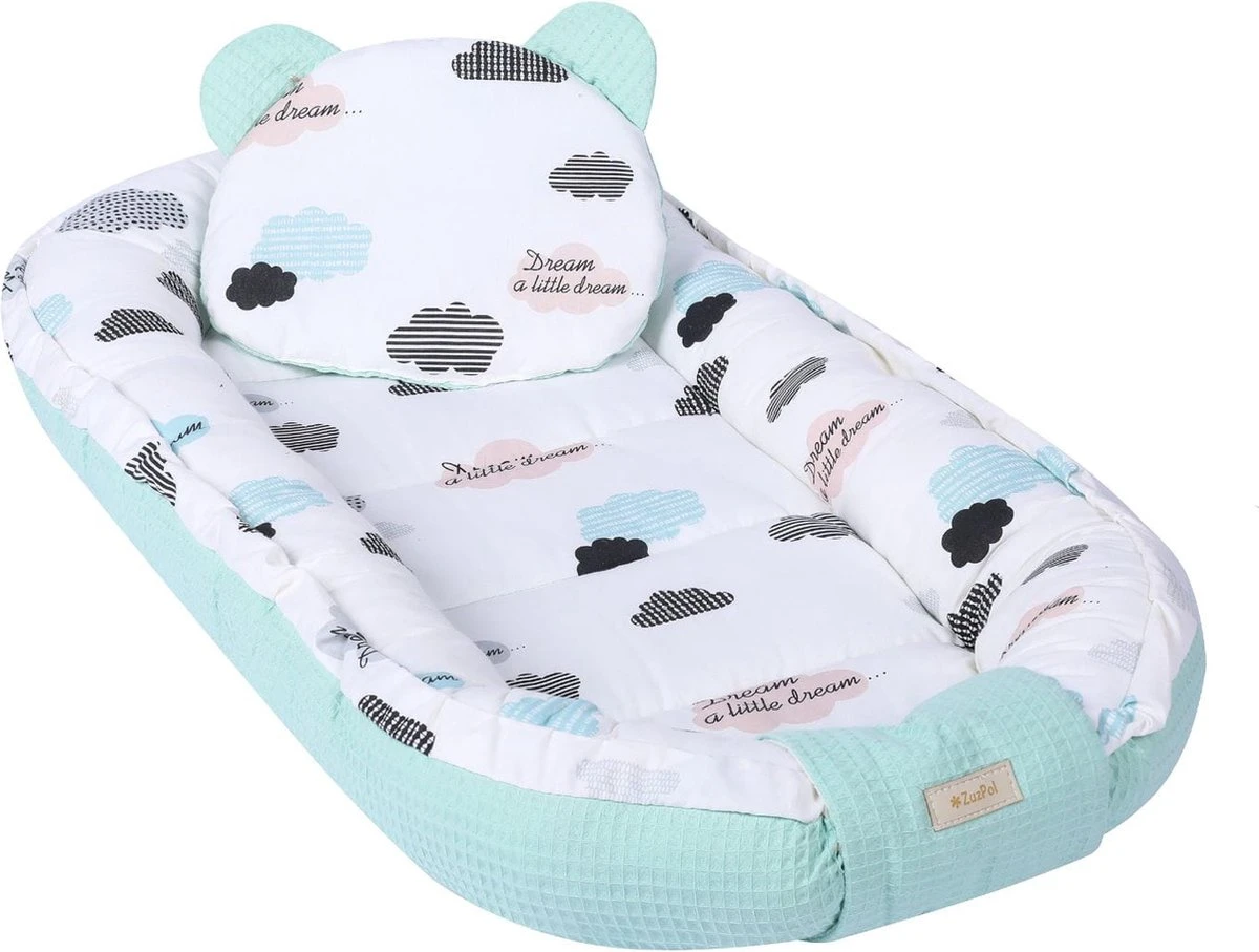 LUXE Babynestje 4 Delige SET / Kraamcadeau / GRATIS Wiegdeken Met Kussen / Wolken Mint - Afbeelding 3