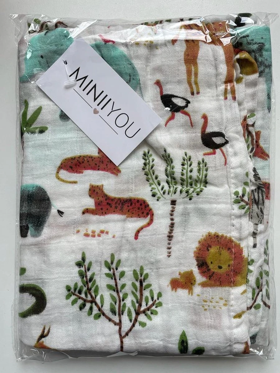 Hydrofiele Doek XL - Baby Inbakerdoek - 120x120 Cm - Safari Dieren - Afbeelding 5